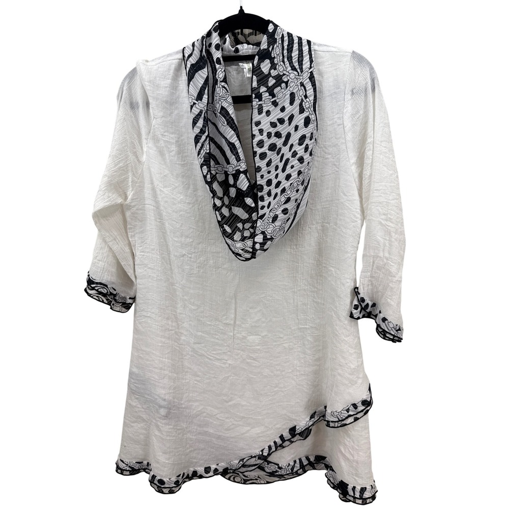 Lindi White Rayon Gauze Tunic Top Black Mixed Print Cowl Neck Small Lagenlook